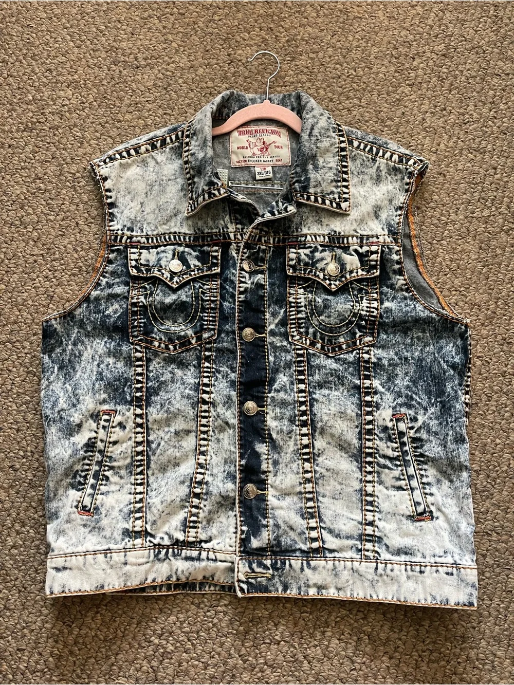 True Religion Acid Wash Denim Trucker Vest Sleeveless Jean Jacket Big Tall 3XL